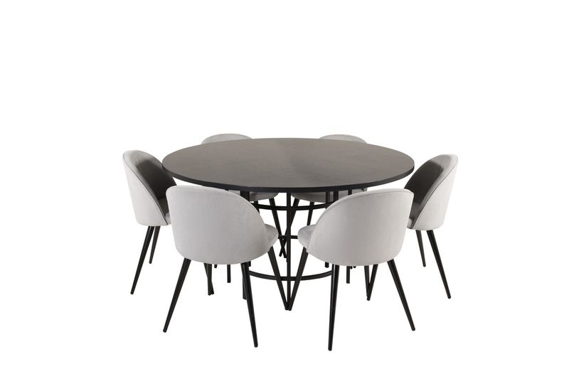 Venture Home Copenhagen & Velvet Runt Matbord ⌀140 Svart + 6 st Matstolar Ljusgrå