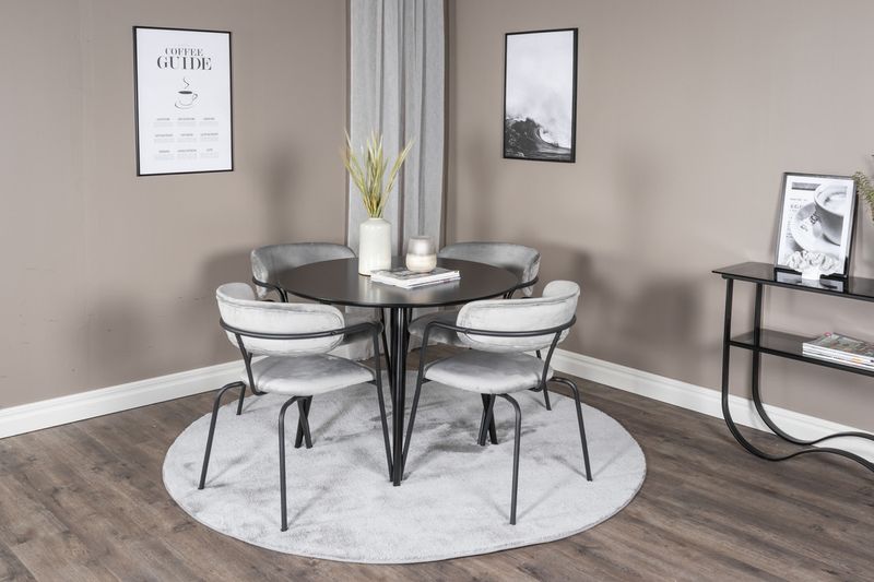 Venture Home Arrow & Plaza 4 st Matstolar Grå + Runt Matbord ⌀100 Svart