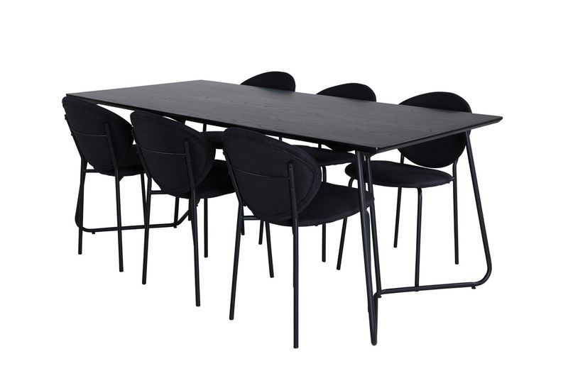 Venture Home Vault & Petra 6 st Matstolar Svart + Rektangulärt Matbord 190 x 90 Svart