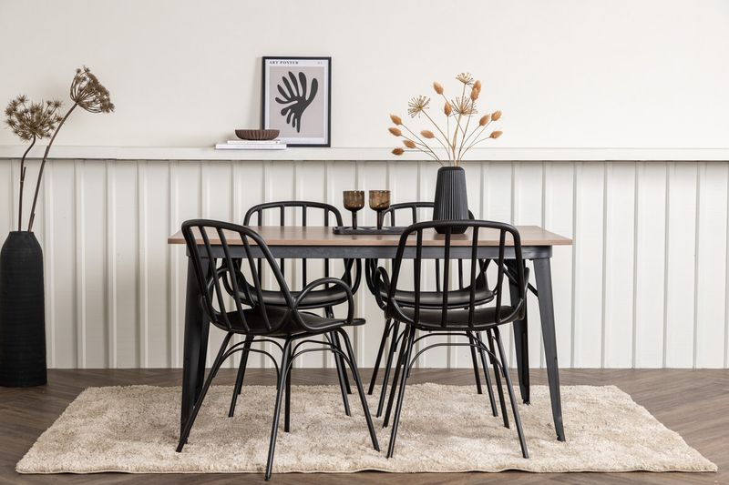 Venture Home Tempe & Dyrön Rektangulärt Matbord 140 x 80 Valnöt + 4 st Matstolar Svart