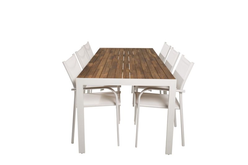 Venture Home Santorini & Bois 6 st Matstolar Vit + Rektangulärt Matbord 200 x 100 Natur