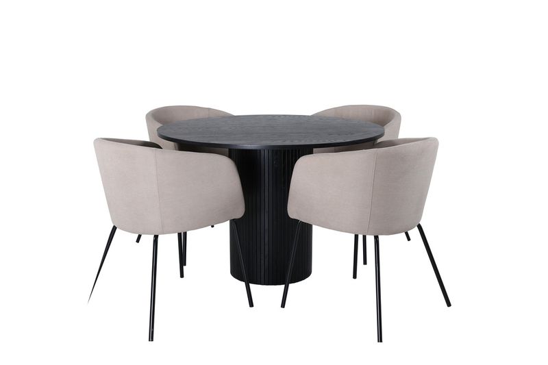 Venture Home Berit & Bianca 4 st Matstolar Beige + Runt Matbord ⌀110 Svart