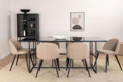 Venture Home Leif & Velvet Rektangulärt Matbord 200 x 90 Svart + 6 st Matstolar Beige