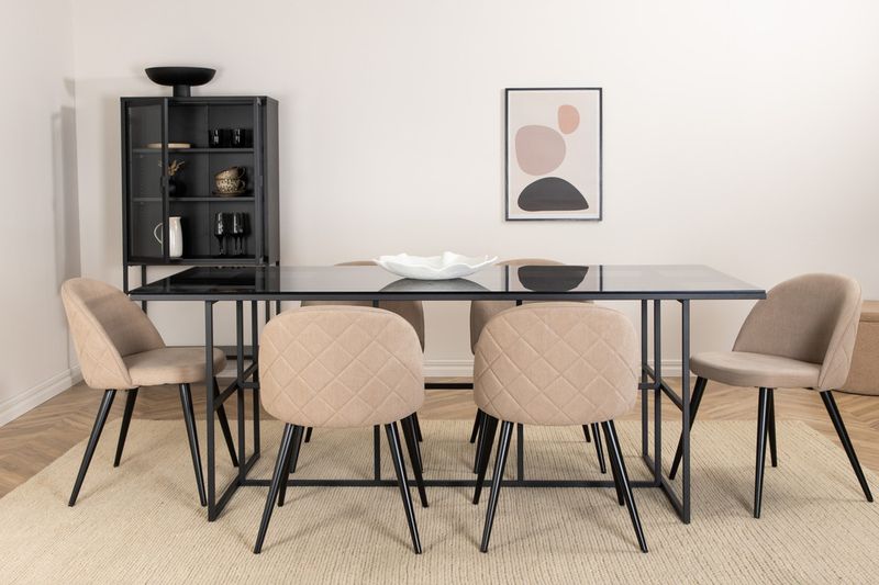 Venture Home Leif & Velvet Rektangulärt Matbord 200 x 90 Svart + 6 st Matstolar Beige