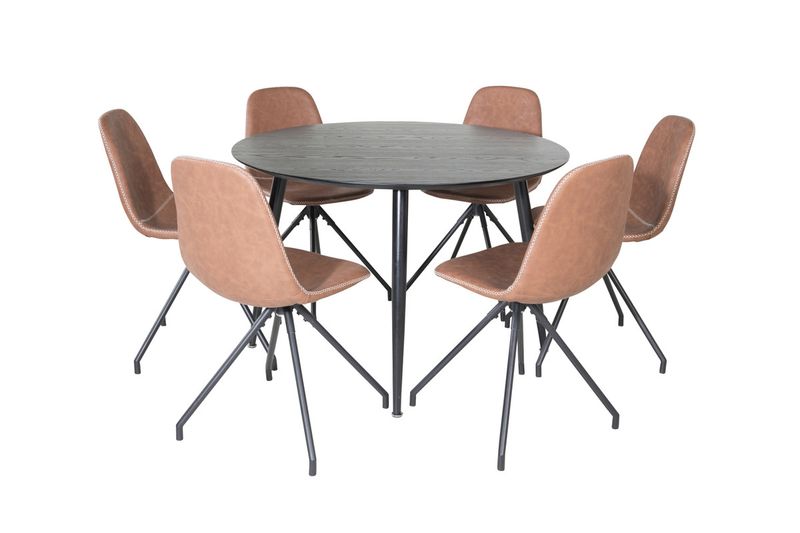 Venture Home Dipp & Polar Runt Matbord ⌀115 Svart + 6 st Matstolar Brun