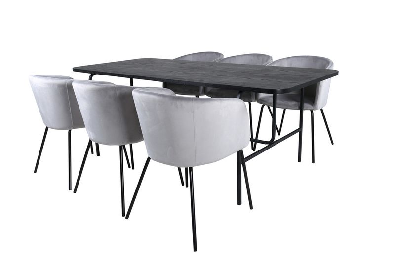 Venture Home Berit & Uno 6 st Matstolar Grå + Rektangulärt Matbord 200 x 90 Svart