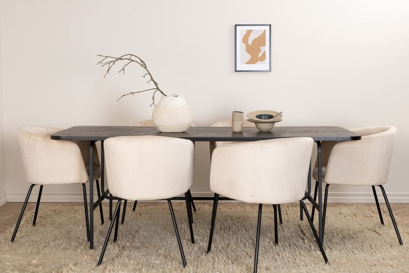 Venture Home Berit & Uno 6 st Matstolar Beige + Rektangulärt Matbord 200 x 90 Svart