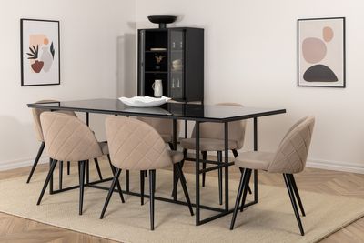 Venture Home Leif & Velvet Rektangulärt Matbord 200 x 90 Svart + 6 st Matstolar Beige