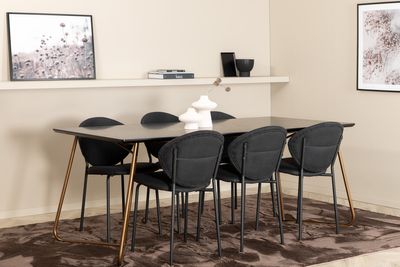 Venture Home Vault & Petra 6 st Matstolar Svart + Rektangulärt Matbord 190 x 90 Svart