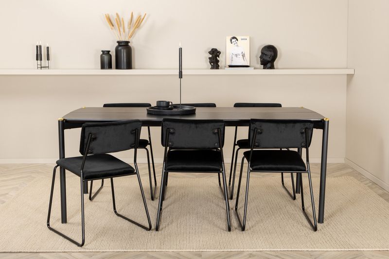 Venture Home Kenth & Pelle 6 st Matstolar Svart + Rektangulärt Matbord 190 x 90 Svart