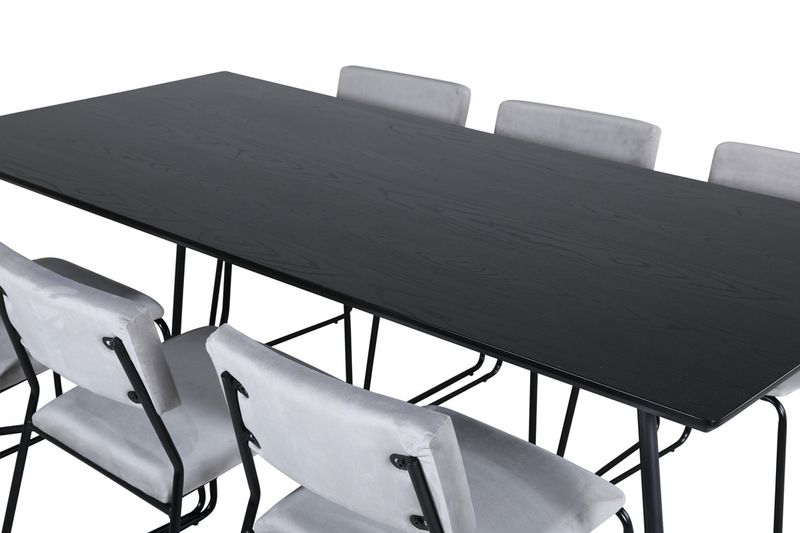 Venture Home Kenth & Petra 6 st Matstolar Grå + Rektangulärt Matbord 190 x 90 Svart