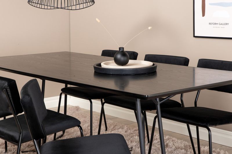 Venture Home Kenth & Petra 6 st Matstolar Svart + Rektangulärt Matbord 190 x 90 Svart