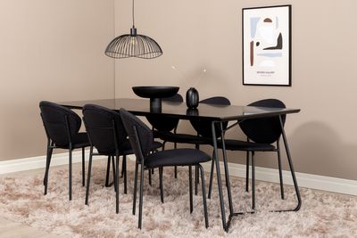 Venture Home Vault & Petra 6 st Matstolar Svart + Rektangulärt Matbord 190 x 90 Svart