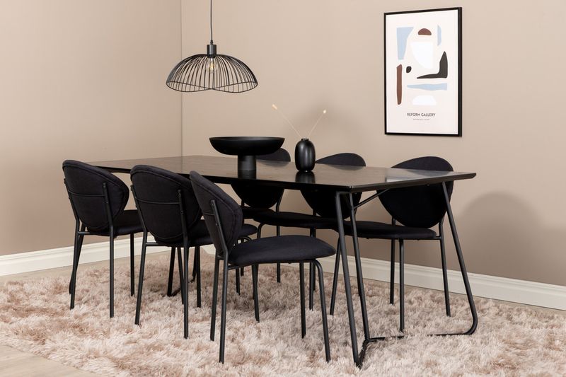 Venture Home Vault & Petra 6 st Matstolar Svart + Rektangulärt Matbord 190 x 90 Svart