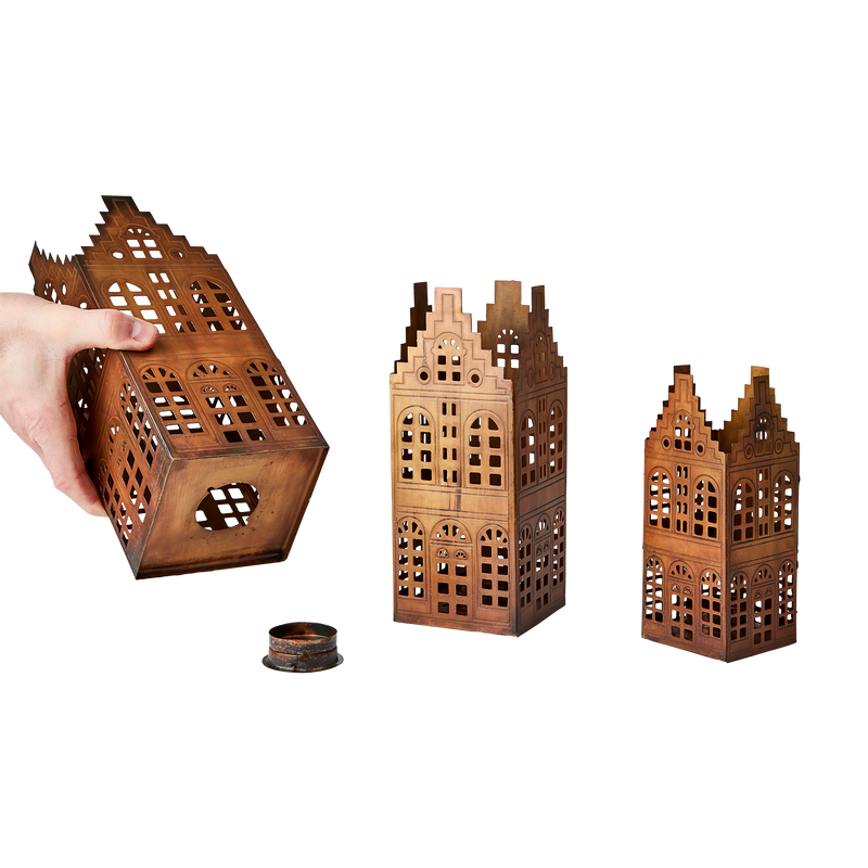 Affari of Sweden VILLAGE Ljuslykta Hus, Set om 3, Mässingsfärgad