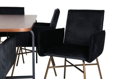 Venture Home Petra & Uno 6 st Matstolar Svart + Rektangulärt Matbord 200 x 90 Natur