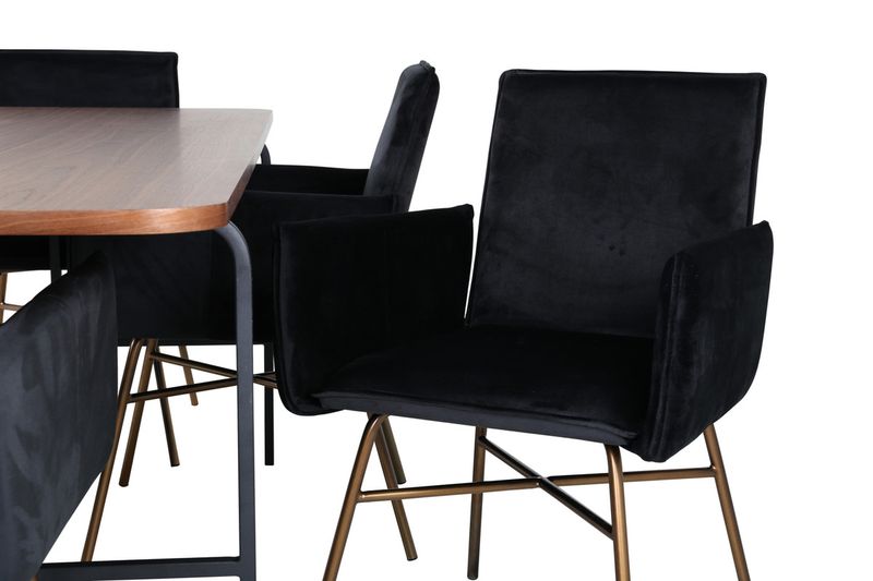 Venture Home Petra & Uno 6 st Matstolar Svart + Rektangulärt Matbord 200 x 90 Natur