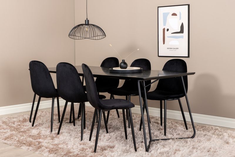 Venture Home Petra & Polar Rektangulärt Matbord 190 x 90 Svart + 6 st Matstolar Svart