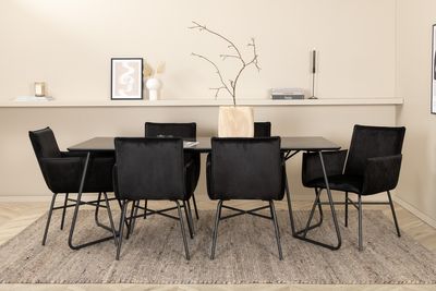 Venture Home Petra Rektangulärt Matbord 190 x 90 Svart + 6 st Matstolar Svart