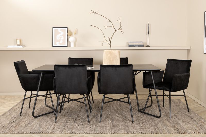 Venture Home Petra Rektangulärt Matbord 190 x 90 Svart + 6 st Matstolar Svart
