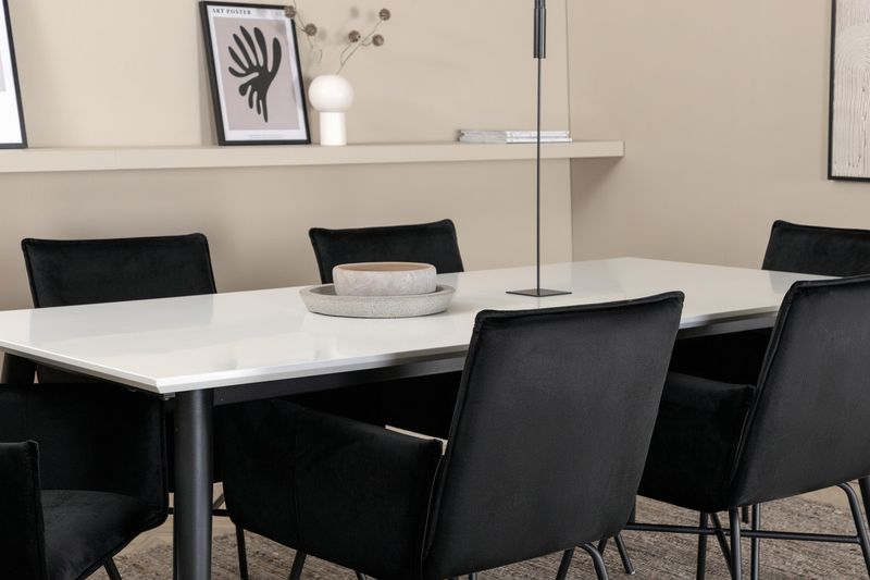 Venture Home Jimmy & Petra Rektangulärt Matbord 195 x 90 Vit + 6 st Matstolar Svart