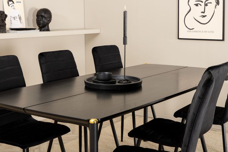 Venture Home Pelle & Windu Rektangulärt Matbord 190 x 90 Svart + 6 st Matstolar Svart