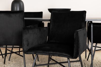 Venture Home Petra & Uno 6 st Matstolar Svart + Rektangulärt Matbord 200 x 90 Svart