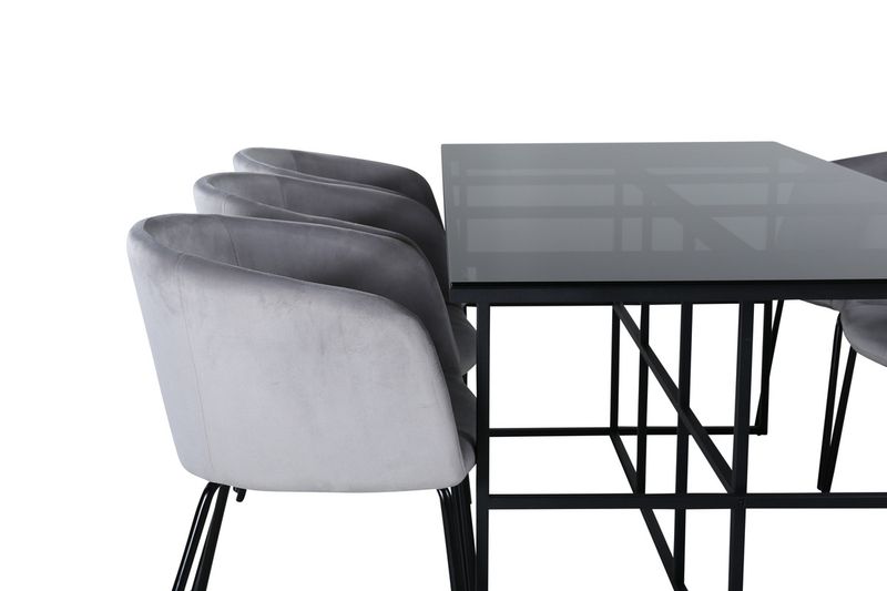 Venture Home Berit & Leif 6 st Matstolar Grå + Rektangulärt Matbord 200 x 90 Svart