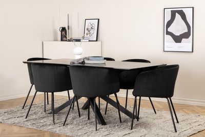 Venture Home Berit & Piazza 6 st Matstolar Svart + Rektangulärt Matbord 180 x 90 Svart