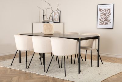 Venture Home Berit & Pelle 6 st Matstolar Beige + Rektangulärt Matbord 190 x 90 Svart