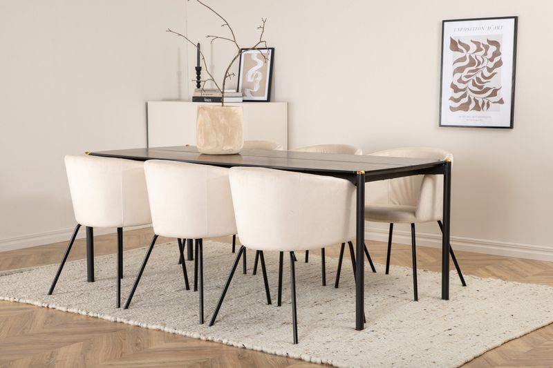 Venture Home Berit & Pelle 6 st Matstolar Beige + Rektangulärt Matbord 190 x 90 Svart