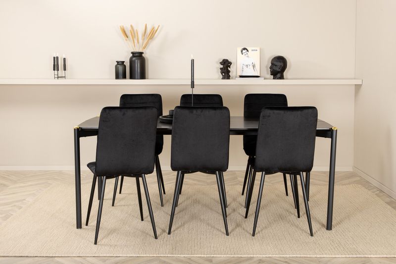 Venture Home Pelle & Windu Rektangulärt Matbord 190 x 90 Svart + 6 st Matstolar Svart