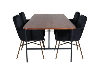 Venture Home Petra & Uno 4 st Matstolar Svart + Rektangulärt Matbord 200 x 90 Natur