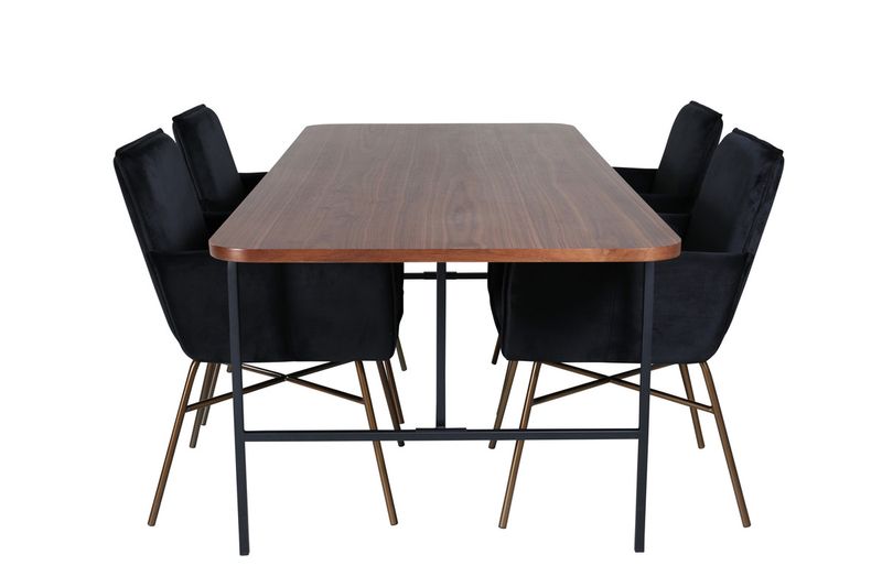 Venture Home Petra & Uno 4 st Matstolar Svart + Rektangulärt Matbord 200 x 90 Natur