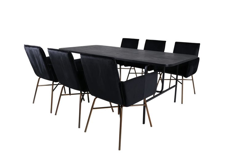 Venture Home Petra & Uno 6 st Matstolar Svart + Rektangulärt Matbord 200 x 90 Svart