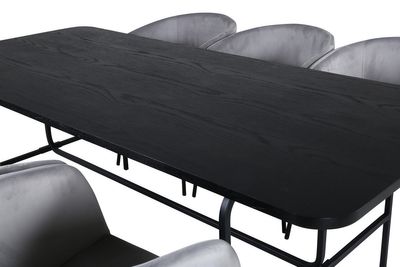 Venture Home Berit & Uno 6 st Matstolar Grå + Rektangulärt Matbord 200 x 90 Svart