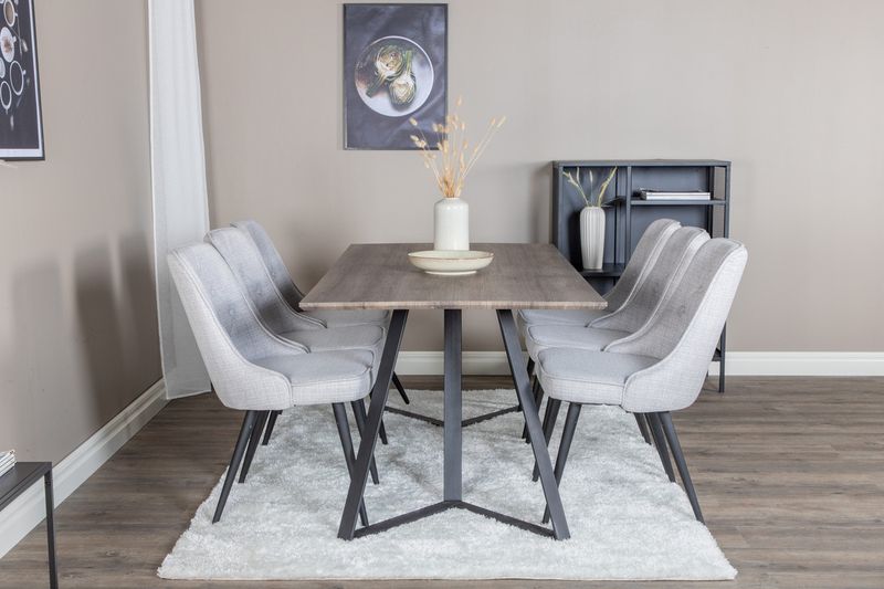 Venture Home Marina & Velvet Deluxe Rektangulärt Matbord 180 x 90 Natur + 6 st Matstolar Grå