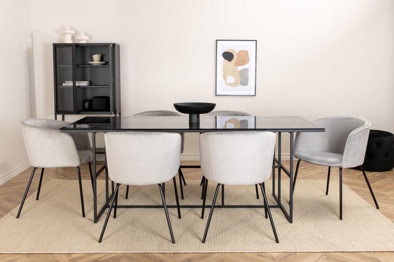 Venture Home Berit & Leif 6 st Matstolar Grå + Rektangulärt Matbord 200 x 90 Svart