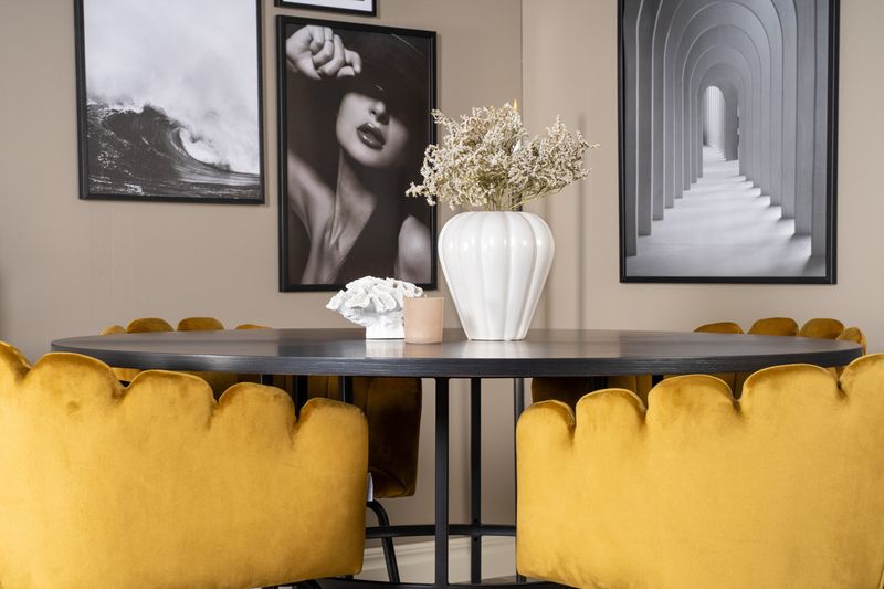 Venture Home Limhamn & Copenhagen 4 st Matstolar Gul + Runt Matbord ⌀140 Svart