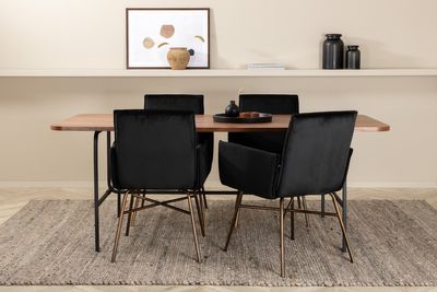 Venture Home Petra & Uno 4 st Matstolar Svart + Rektangulärt Matbord 200 x 90 Natur