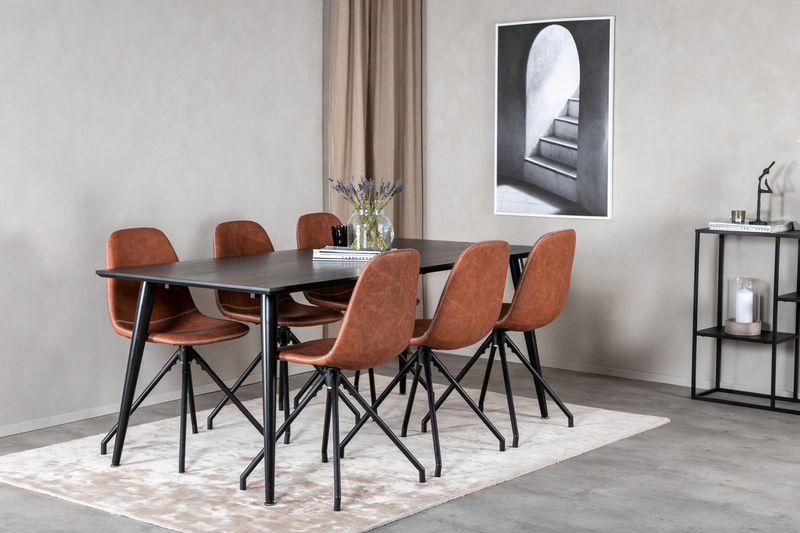 Venture Home Dipp & Polar Rektangulärt Matbord 180 x 90 Svart + 6 st Matstolar Brun
