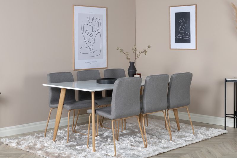 Venture Home Mace & Polar 6 st Matstolar Grå + Rektangulärt Matbord 180 x 90 Vit