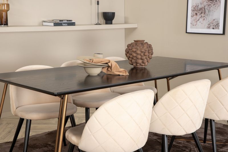 Venture Home Petra & Velvet Rektangulärt Matbord 190 x 90 Svart + 6 st  Matstolar Beige