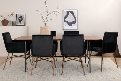 Venture Home Petra & Uno 6 st Matstolar Svart + Rektangulärt Matbord 200 x 90 Natur