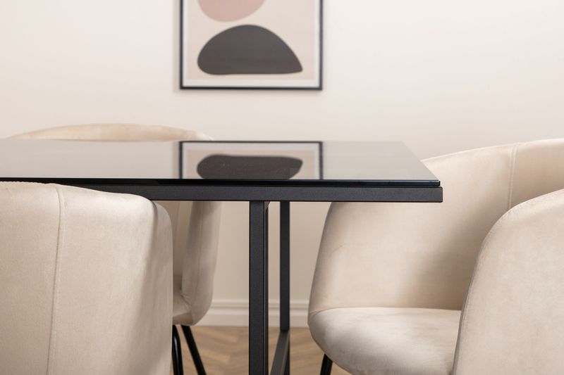 Venture Home Berit & Leif 6 st Matstolar Beige + Rektangulärt Matbord 200 x 90 Svart