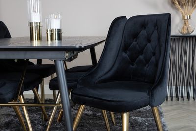 Venture Home Gold & Velvet Deluxe Rektangulärt Matbord 180 x 85 Svart + 6 st Matstolar Svart