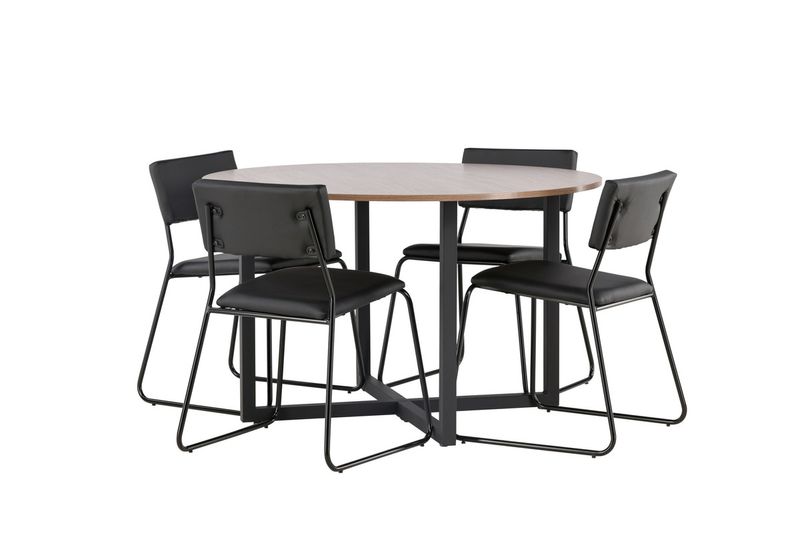 Venture Home Kenth & Durango 4 st Matstolar Svart + Runt Matbord ⌀120 Valnöt