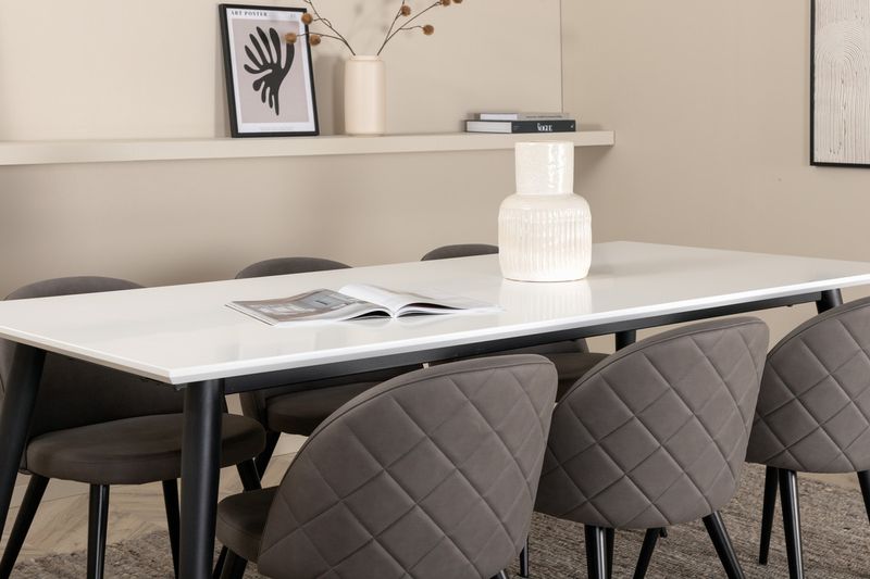 Venture Home Jimmy & Velvet Rektangulärt Matbord 195 x 90 Vit + 6 st Matstolar Grå