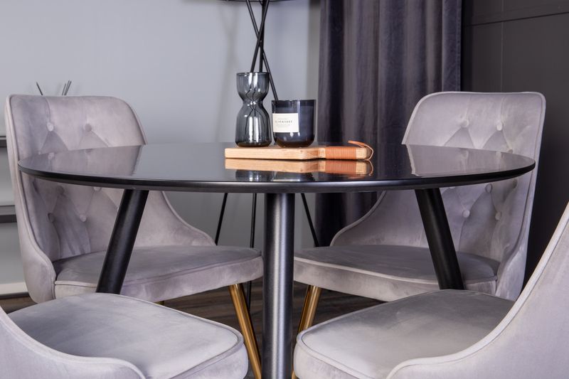 Venture Home Velvet Deluxe & Plaza 4 st Matstolar Grå + Runt Matbord ⌀100 Svart
