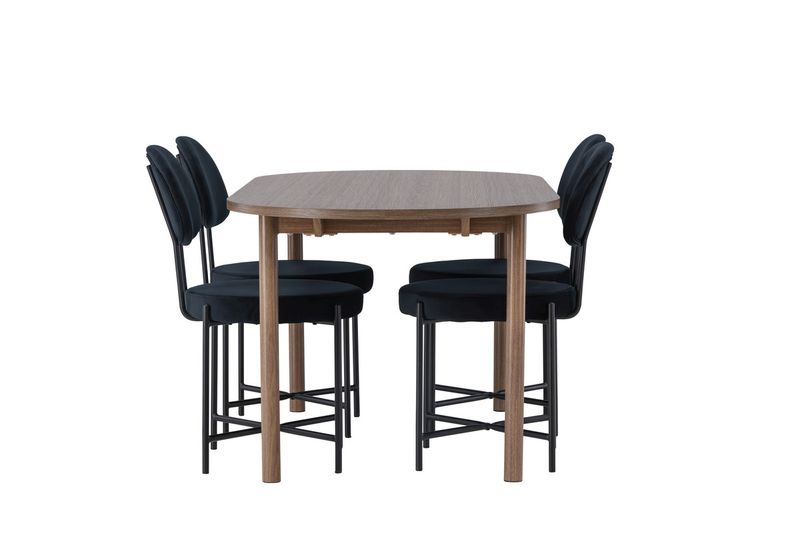 Venture Home Stella & Andy 4 st Matstolar Svart + Ovalt Matbord 180 x 90 Natur